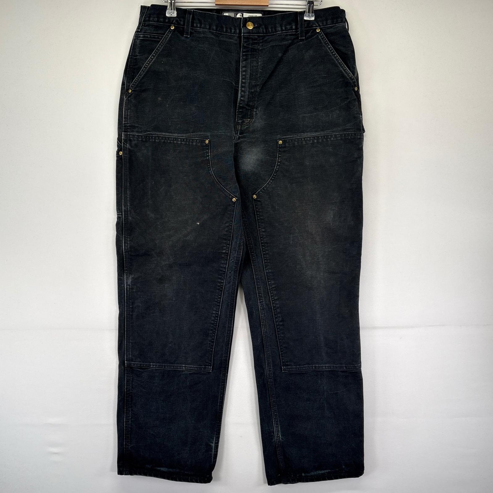 古着 USA製 ダック パンツ ペインターパンツ ダブルニー ワンポイント ルーズフィット W38 L32 ブラック系 メンズ
