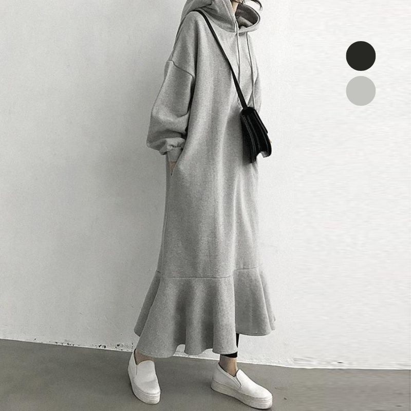 フード付き パーカー ワンピース ロングスカート カジュアル 長袖 ワンピース スリム見え ゆったり