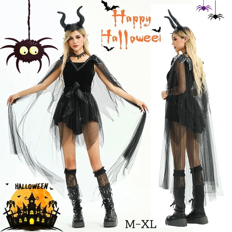新登場 ハロウィン コスプレ 大人用 ゴシック ドレス セクシー 死神 ヴァンパイア 衣装 暗黒 エレガント 舞台 パーティー 夜会 演出用 ブラック M-XL 黒牛角 アイマスク チョーカー ソック