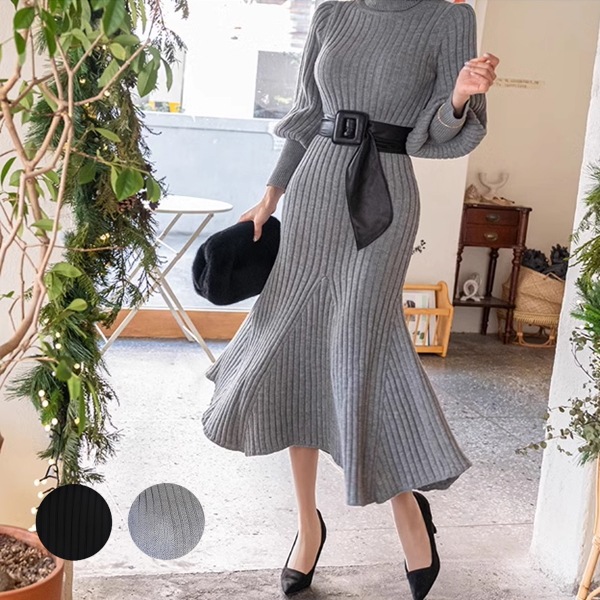 ２カラー レディース ワンピース ニット ドレス ニットワンピ ニットスカート マーメイドスカート ロングスカート フリルスカート ミッドウエスト 膝下 ロング 長袖 ランタンスリーブ ハイネック