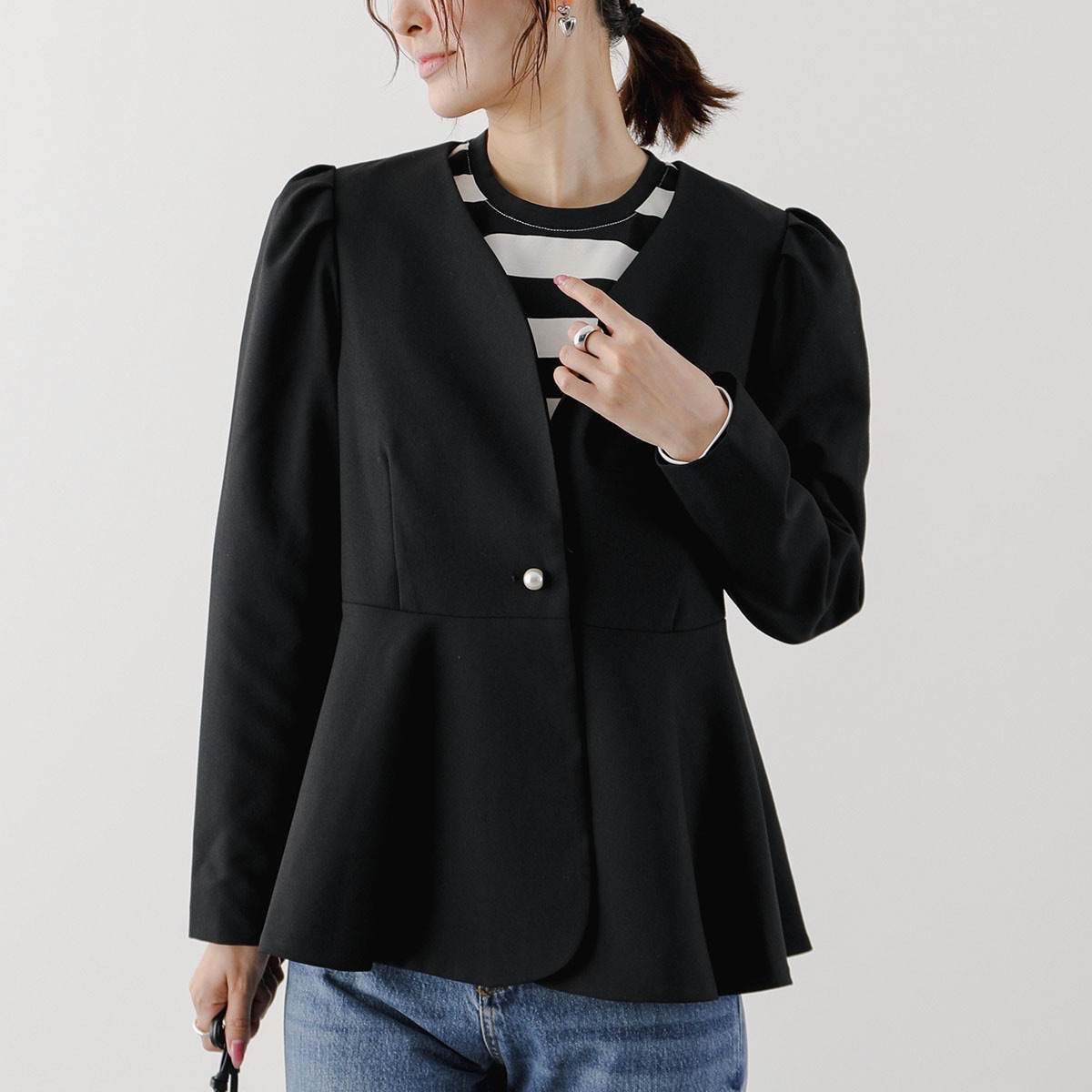 PICCIN PERLA ピッチン ジャケット 906210 レディース パール ペプラム パフスリーブ Vネック 91
