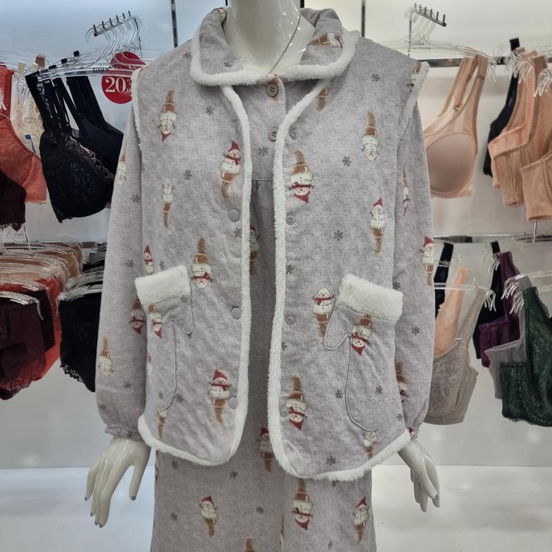 暖かい三重織り綿混ボア起毛 雪だるま柄 レディースベスト