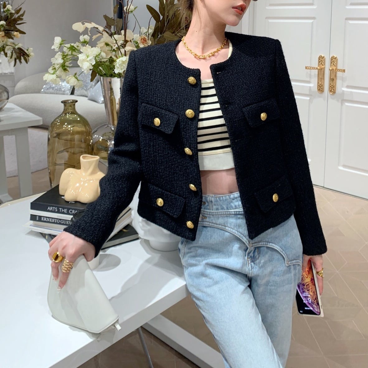 レディース アウター ジャケット ツイードジャケット ツイード ショート丈 ノーカラー ポケット