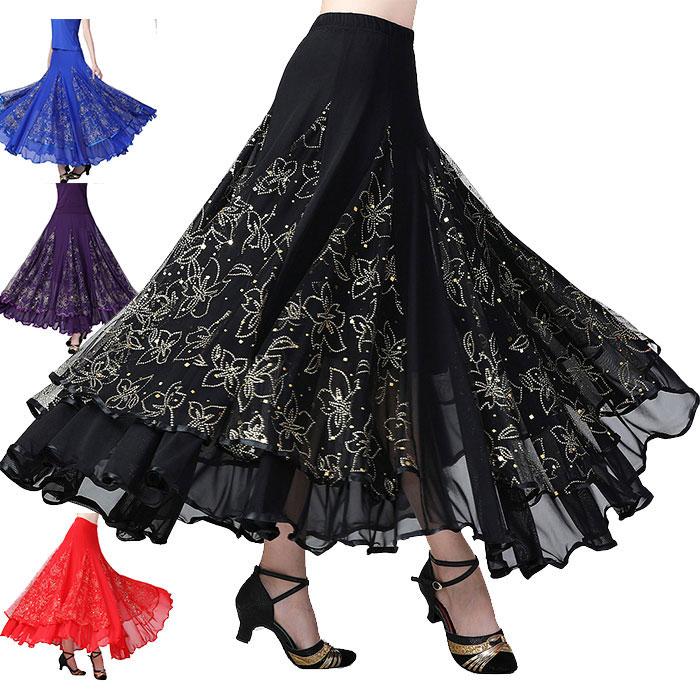 [新品入荷]ダンススカート ダンス 衣装 スカート 社交ダンス ロング丈 花 スパンコール ストレッチ素材 ウエストゴム ダンス レッスン着 発表会 ステージ 舞台衣装 レッド