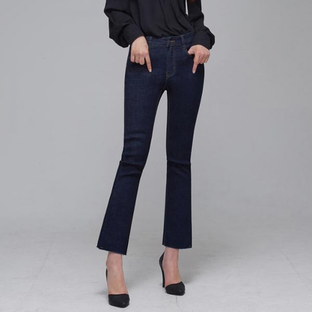 (ジンマニア) レディースパーフェクトフィットブーツカットダークブルーシンプルヘムカッティングスパンジーンズビッグサイズパンツズボン/レディースジーンズ