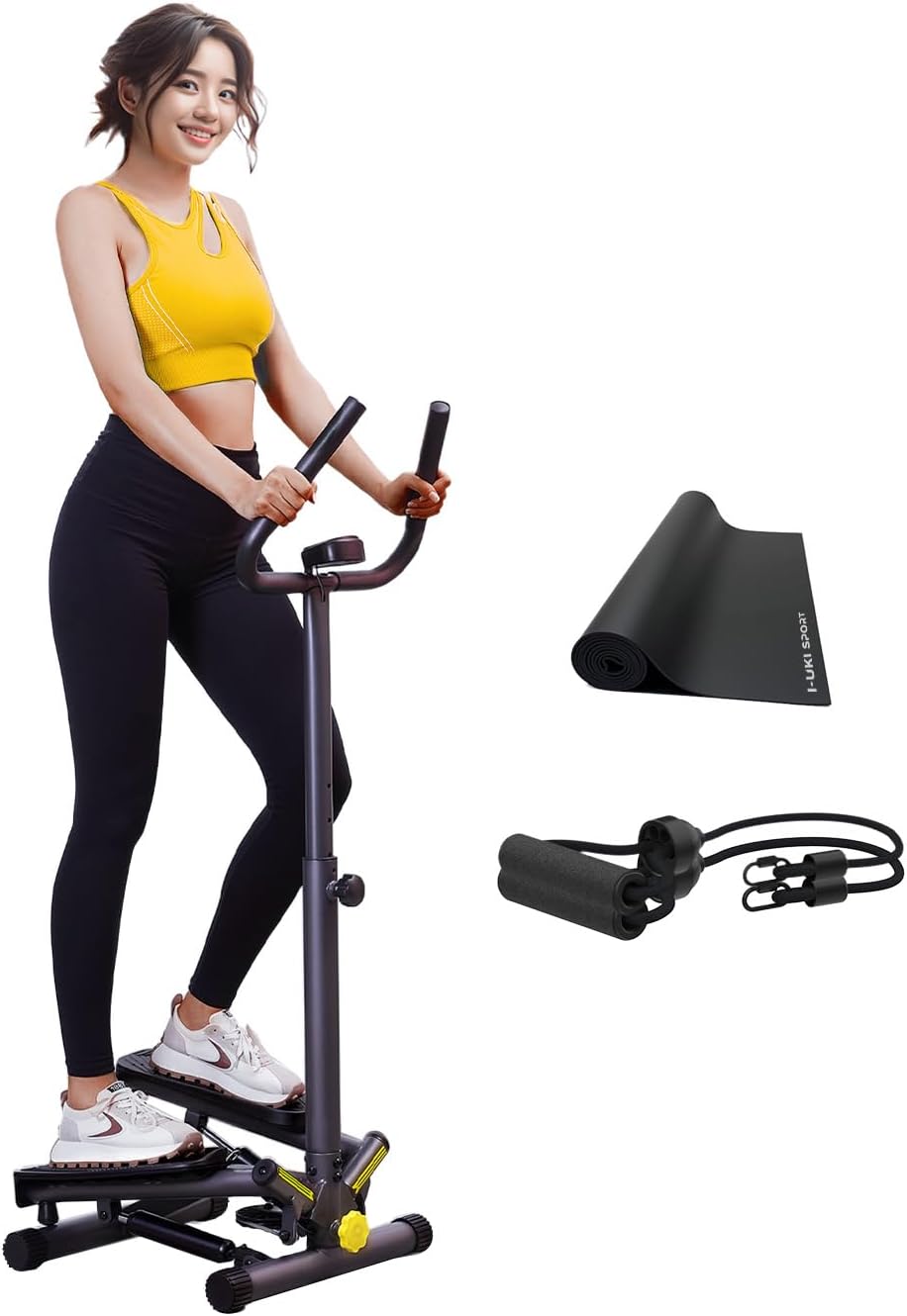 黄色いラベル付きのグレー I-uki Sport 健康ステッパー 足踏み健康器具 ツイストエアロステッパー 静音 負荷調整付き モニター/ハンドル/専用パワーバンド付き 踏み台で全身トレーニングと筋ト