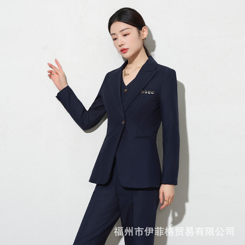 女性のためのハイエンドプロフェッショナルスーツ2024春ネイビーブルースーツジャケット有能な気質ワンボタンスーツベストスーツ