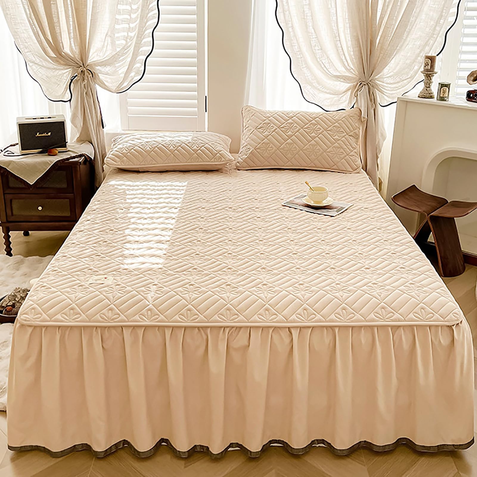 ノーブランド品 フリル付きポリエステルベッドスカート ベッドカバー シーツ マットレスプロテクター 無地マットレスカバー 防水 柔らかく暖かい 快適 季節を問わず使用可能 カーキ 120x200cm(