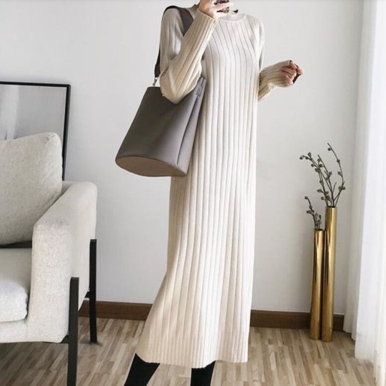 4color ワンピース ニットワンピース ロングワンピース ロング ロング丈 膝下 ニット リブ