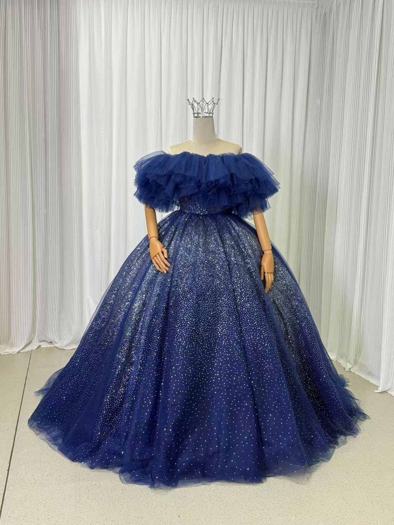 豪華！カラードレス ネイビー 取り外しオフショルダー 編み上げ キラキラグリッターチュール 前撮り