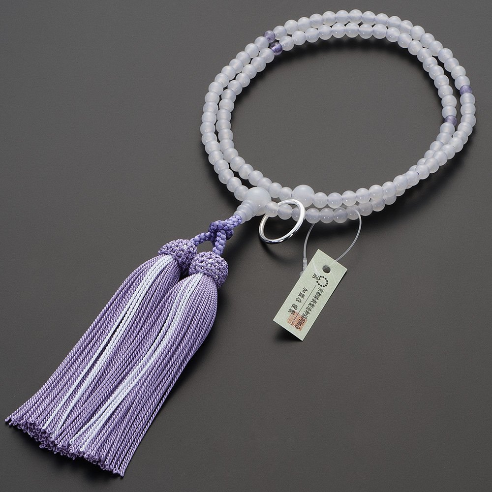 仏壇屋 滝田商店 数珠 曹洞宗 本式数珠 【女性用】白オニキス 四天紫雲石 8寸 正絹頭付房京念珠・本連数珠・二輪数珠・禅宗・正式数珠【滝田商店発行 京念珠製造師製作証明書付】