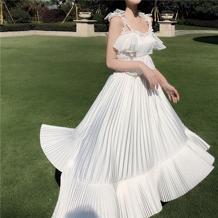 ワンピース パーティー ドレス ウェディング レディース 結婚式 白 韓国 春 夏 秋冬 ロング丈 ハイウエスト ペプラム ノースリーブ Aライン フレア レース フリル プリーツ 発表会 舞台