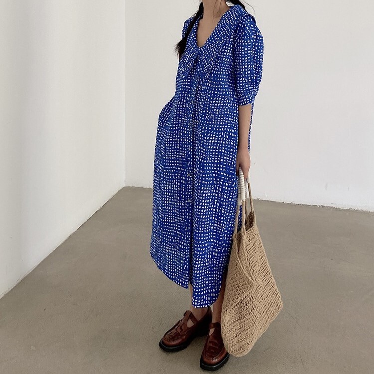 ワンピース レディース シャツワンピ 半袖 5分袖 Vネック 襟付き ケープ襟 ワイド ストレート Iライン 切り替え ポケット ボタン バイカラー 綿 コットン かわいい 大人可愛い カジュアル