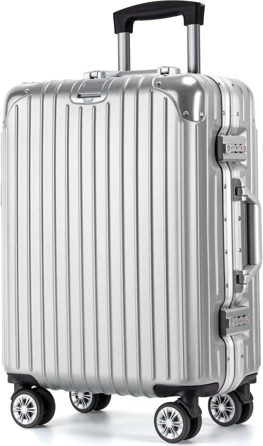 [VARNIC] スーツケース キャリーケース キャリーバッグ アルミフレーム 大型 静音 ダブルキャスター 耐衝撃 360度回転 TSAダイヤルロック 旅行 出張 (M, シルバー)