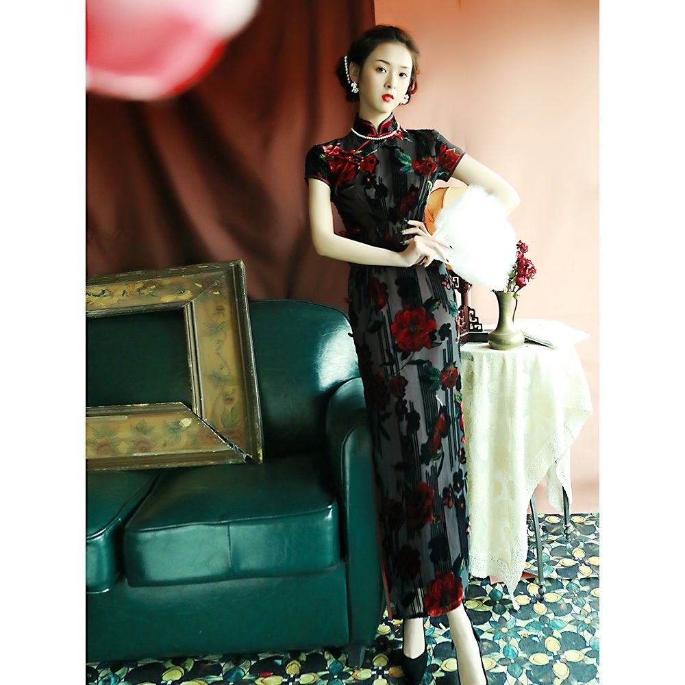 古い上海チャイナドレスロング春夏シルク改良版女の子レトロ漢服デイリーエレガントドレス