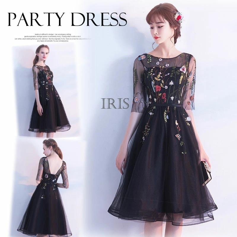 パーティードレス 膝丈 結婚式 お呼ばれ ワンピース 披露宴 同窓会 ブライズメイドドレス 結婚式 演奏会 卒業式 ドレス 五分袖 花柄 黒 着痩せ 透け感レース 20代 30代 40代 ブラック