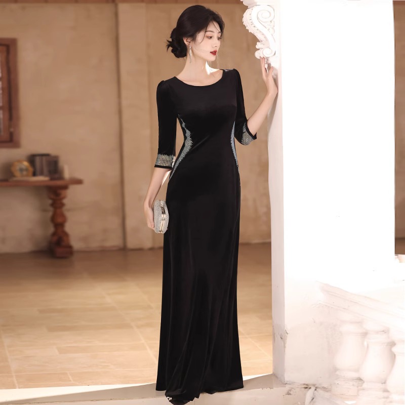 韓国ファッション レディースブラック秋冬イブニングドレス 花嫁二次会ドレス ウェディングドレス パーティードレス