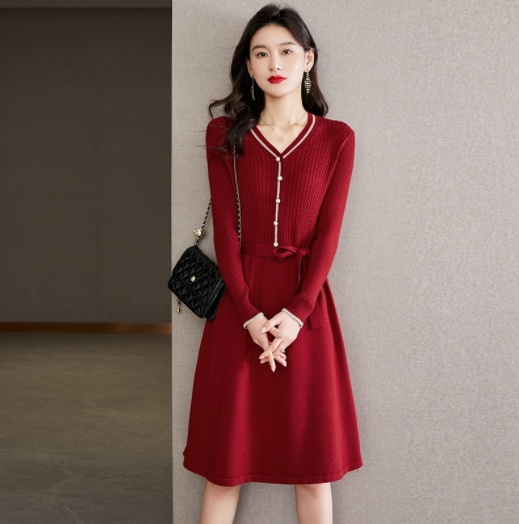 ニットワンピース クラシック シンプル ブラック 黒 ブラウン 茶色 ブルー 青 レッド 赤