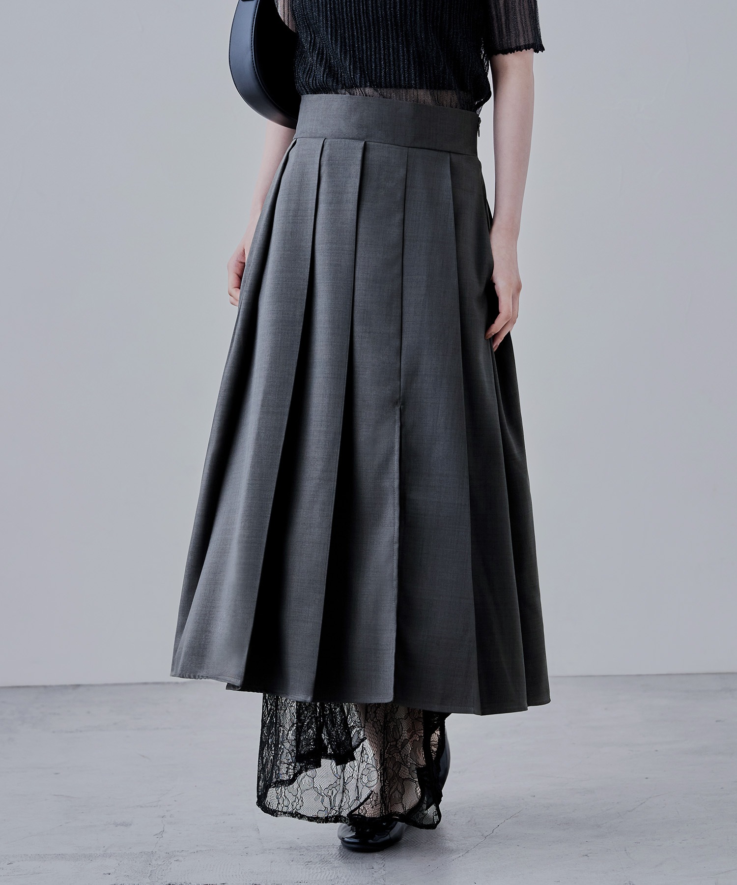 ヘザーツイルレースレイヤードスカート ボトムス スカート プリーツスカート タックスカート レース ロング マキシ丈 フレア フレアスカート タック ツイル レイヤード 重ね着風 ウエストゴム