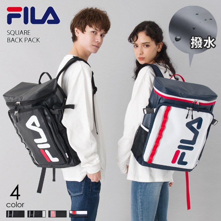 フィラ Fila リュック メンズ レディース スクエア 四角 ターポリン ボックス型 バックパック ラバープリント 黒 ホワ リュックサック アウトドア 防水 最安値 デイパック 旅行 ブラック 白 大容量