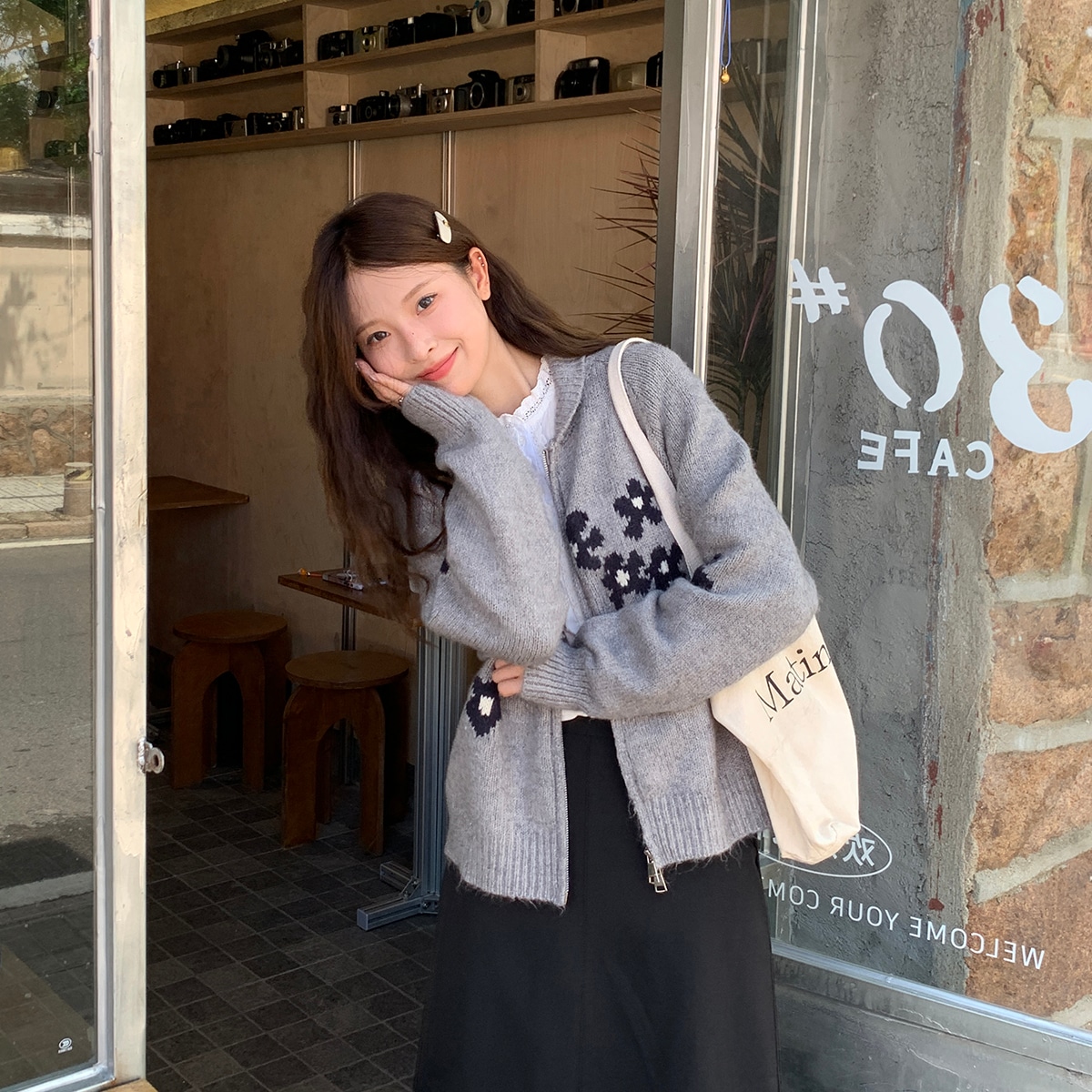 アンクルフラワーセーターカーディガン2024秋の気質多用途怠惰なスタイルジャケット