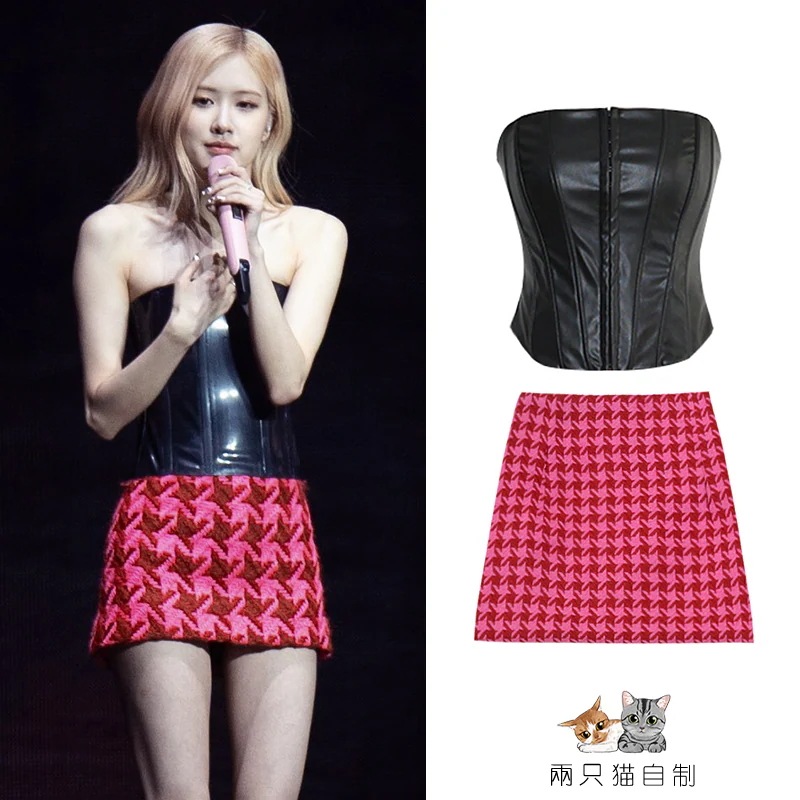 パークチャイインローズコンサートスーツ千鳥格子スカートチューブトップホット