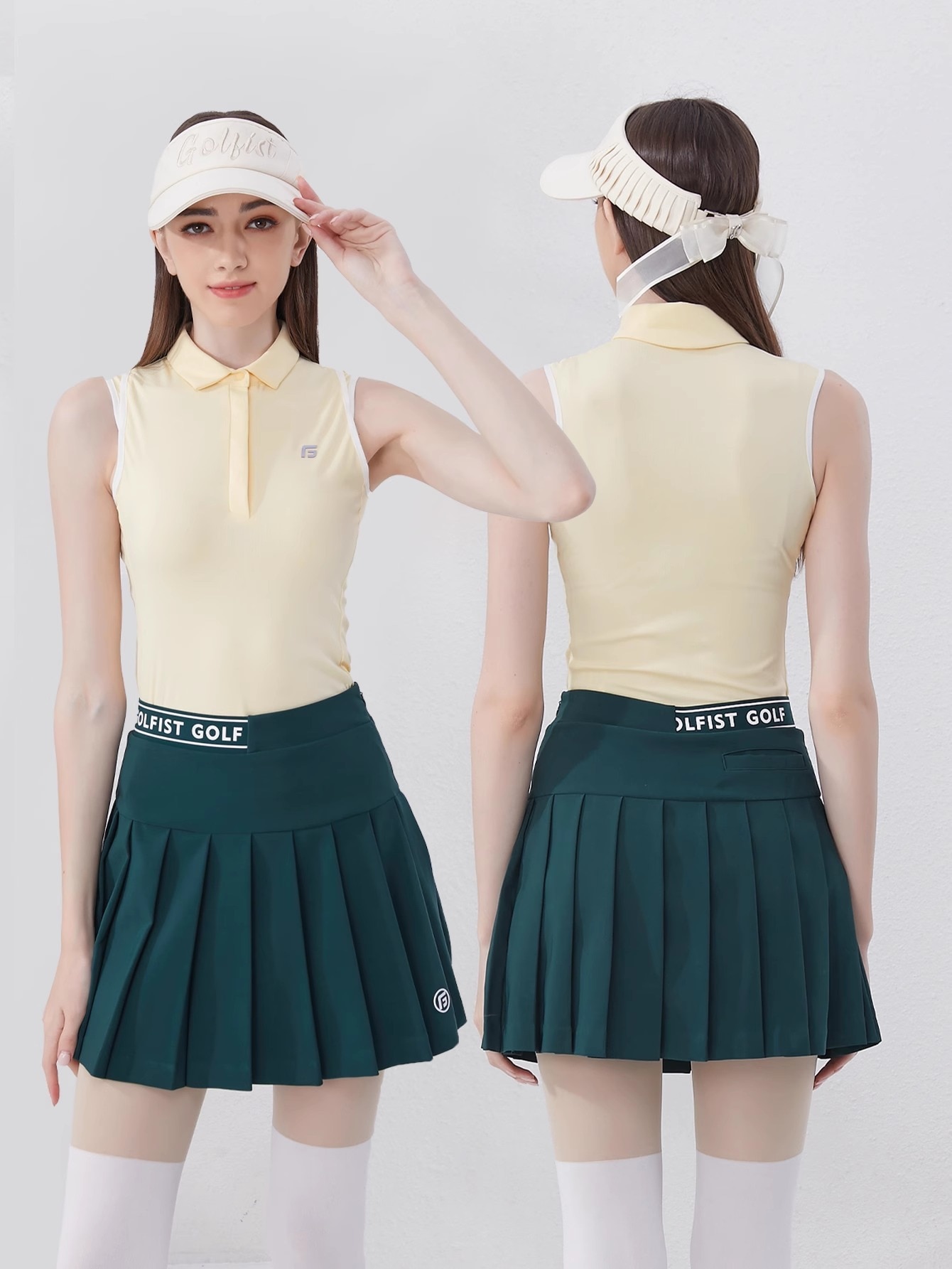 ゴルフウェア レディース スポーツウェア テニスウェア ゴルフスカート プリーツスカ 袖無し 半袖 Tシャツ スカート 上下セット パープル イエロー グリーン 女性 速乾 春 夏 韓国風 おしゃれ