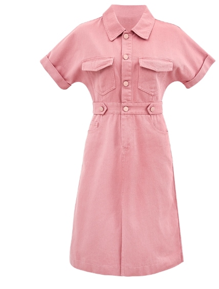 ピンクデニム半袖ワンピース スカート 半袖 膝丈 Aライン 目立つ かわいい ガーリー 定番 シンプル 大人 上品 おしゃれ かっこいい 大人可愛い 大人女子 こなれ感 キュート 爽やか ナチュラル