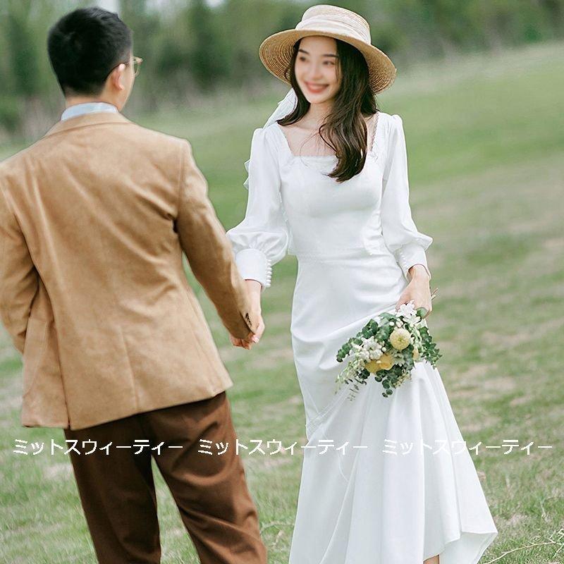 韓国ファッションエレガント 長袖 ワンピース スクエアネック シンプル ロングドレス 韓国風 リゾート ウェディングドレス 前撮り ウエディングドレス 結婚式 白 花嫁 二次会