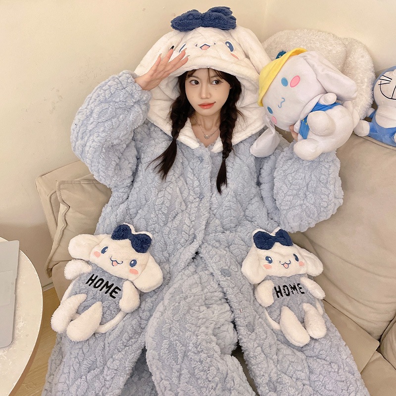 冬の3層綿パジャマ女性厚手サンゴ絨毯かわいい玉桂犬長連帽スリーパールームウェアセット