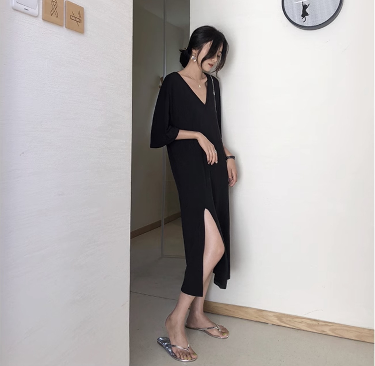 個性的 夏服 ワンピース シャツワンピース フレアワンピース ロジスワンピ ミモレ 袖あり 五分袖 ベルスリーブ Vネック フレア セミフレア Iライン サイドスリット インスタ映え SNS