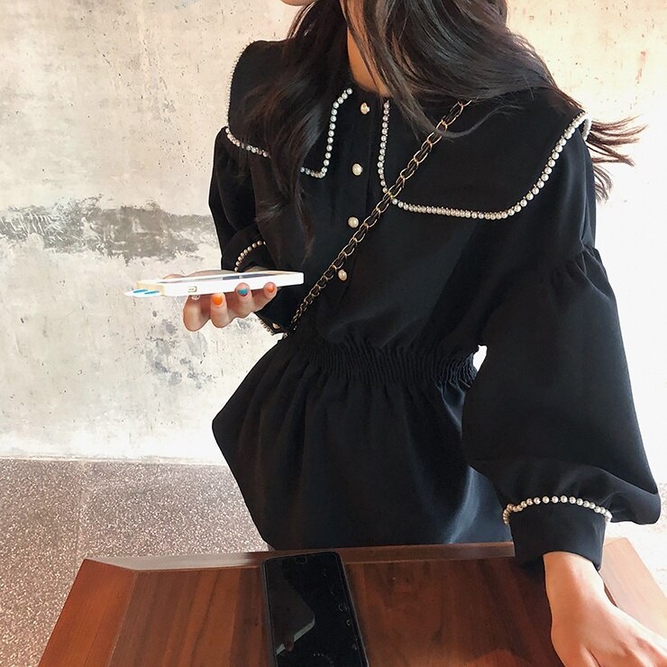 レトロ風 トップス シャツ ブラウス チュニック 夏 春 秋 かわいい きれいめ カジュアル ショート ショート丈 長袖 ボリューム袖 キャンディスリーブ ぽわん袖 ドールカラー ワイドカラー ビッグ