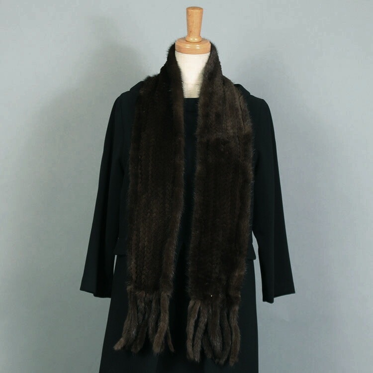 シェアード ミンク ファー 編み込み マフラー フリンジ付 ダークブラウン レディース メンズ ギフト プレゼント