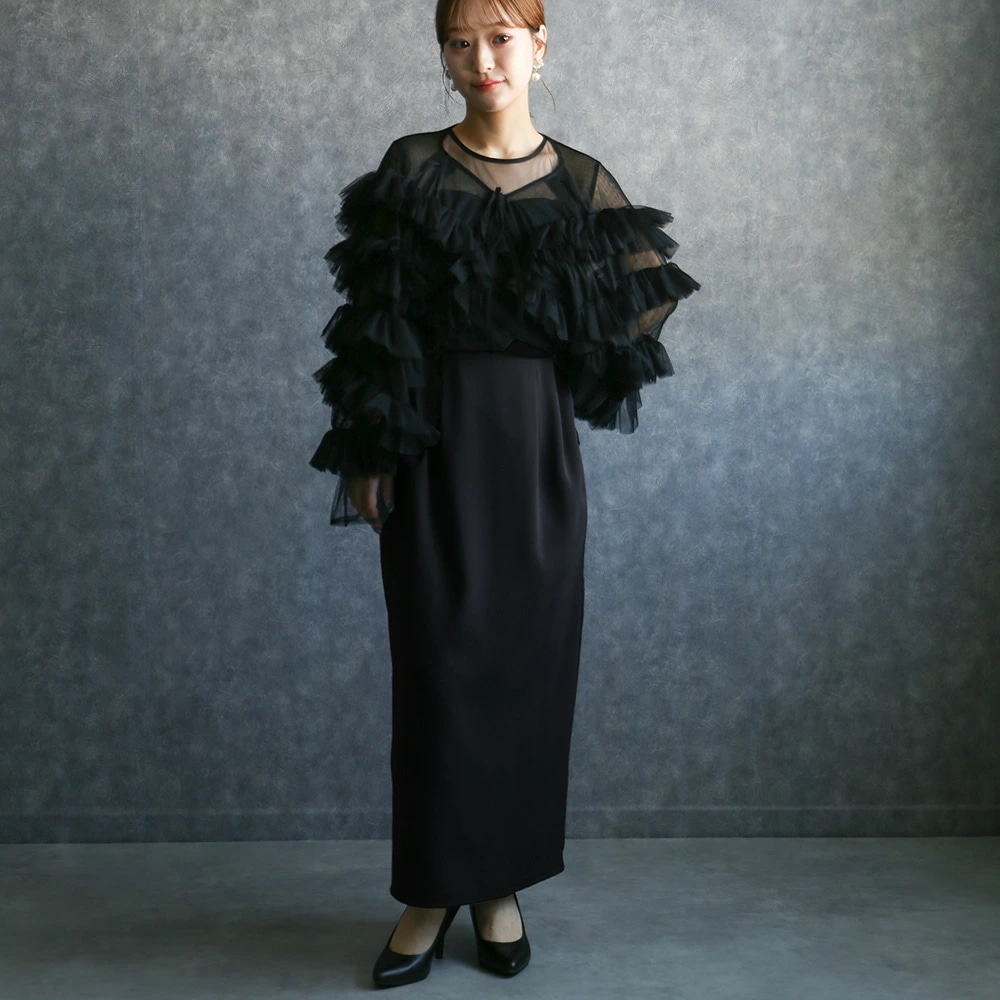 結婚式 パーティードレス オケージョン ブラックドレス 華やか ボリュームチュールトップス＆ノースリーブペンシルドレス フリル チュール フォーマル 20代 30代 40代 お呼ばれ 2次会 謝恩会