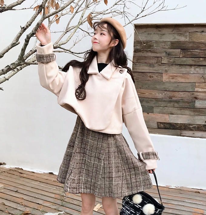 韓国 ファッション セットアップ ショート丈 コート ポンチョ風 ワンピース ミニ丈 チェック ガー