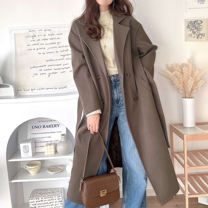 アウター ジャケット レディース フェイク ウール ベルト付き ダブル チェスターコート ロング丈 ダブルボタン 後ろスリット ゆるっと オーバーサイズ 大きいサイズ