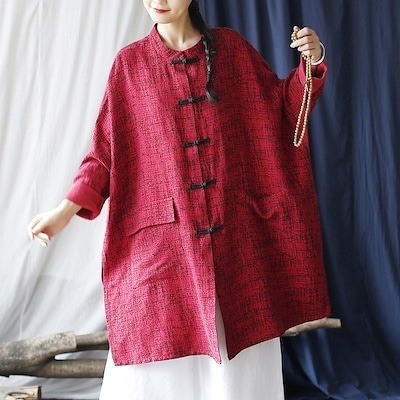 オリジナルエスニックレトロ仕立て旧スタンドカラーバックル婦人服コートゆったり長袖秋トップス