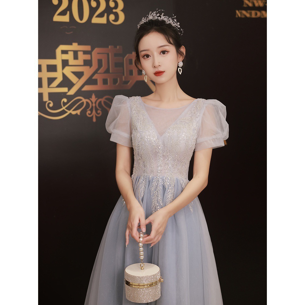 ブルーイブニングドレス宴会気質ライト高級ニッチ誕生日パーティーホストドレスハイエンドのスタイル感ロングスタイル