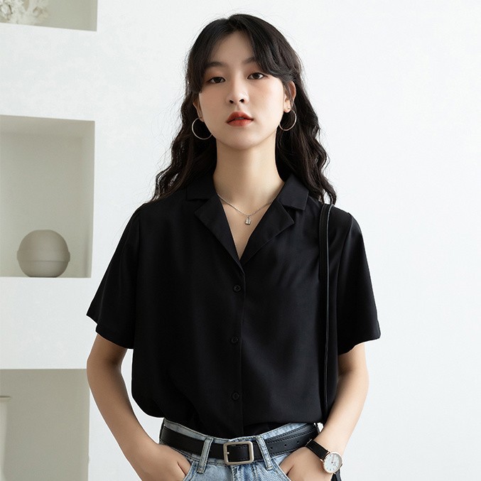 黒 シャツ レディース アウター 半袖 シフォン トップス レディース おしゃれ ゆったり リラックス レディース ドレープ シャツ191212