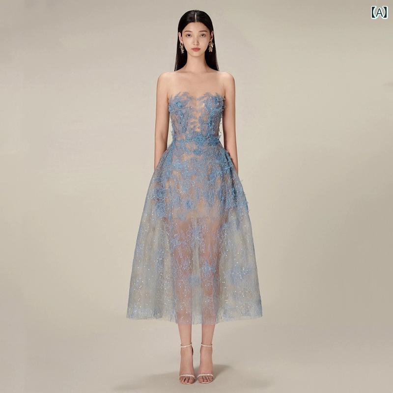 ドレス　パーティー　レディース 軽くて なな レースの ドレス ベトナムの のの 立体的な 花の スパンコールの 透視 図の 重厚な 作業の チューブ トップの