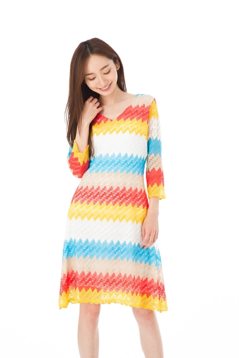 ファス(FAS)ワンピース T2 T3サイズ 大人ワンピース レディース 半袖 膝丈 ワンピース Vネック 上品 大きいサイズ　Fille A Suivre