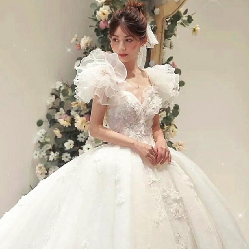 ウェディングドレス ウエディングドレス 二次会 結婚式 前撮り ブライダル ロングドレス 花嫁 プリンセスドレス プリンセスラインドレス フリルスリーブ 可愛い