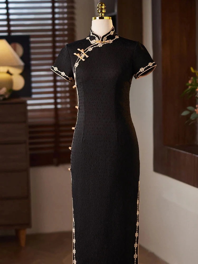 改善されたチャイナドレス新しい風黒痩身ゴールドレースドレスハイエンド気質夏 7,867円