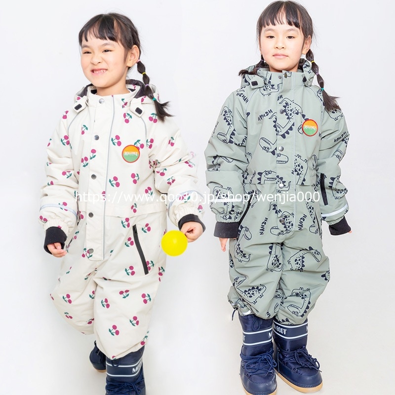 (1~3日で出荷)スノーボードウェア キッズ つなぎ 桜桃柄 オールインワン スキーウェア ワンピース 女の子 男の子 子供 子ども こども スキー かわいい