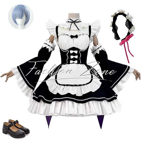 人気新作N0.1Re:ゼロから始める異世界生活 レム メイド服 コスプレ衣装 ウィッグ 靴 cosplay ハロウィン 演出服 変装