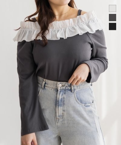 大きいサイズ レディース LL 3L 4L XL XXL XXXL CLETTEオリジナルフリルオフショルリブトップス