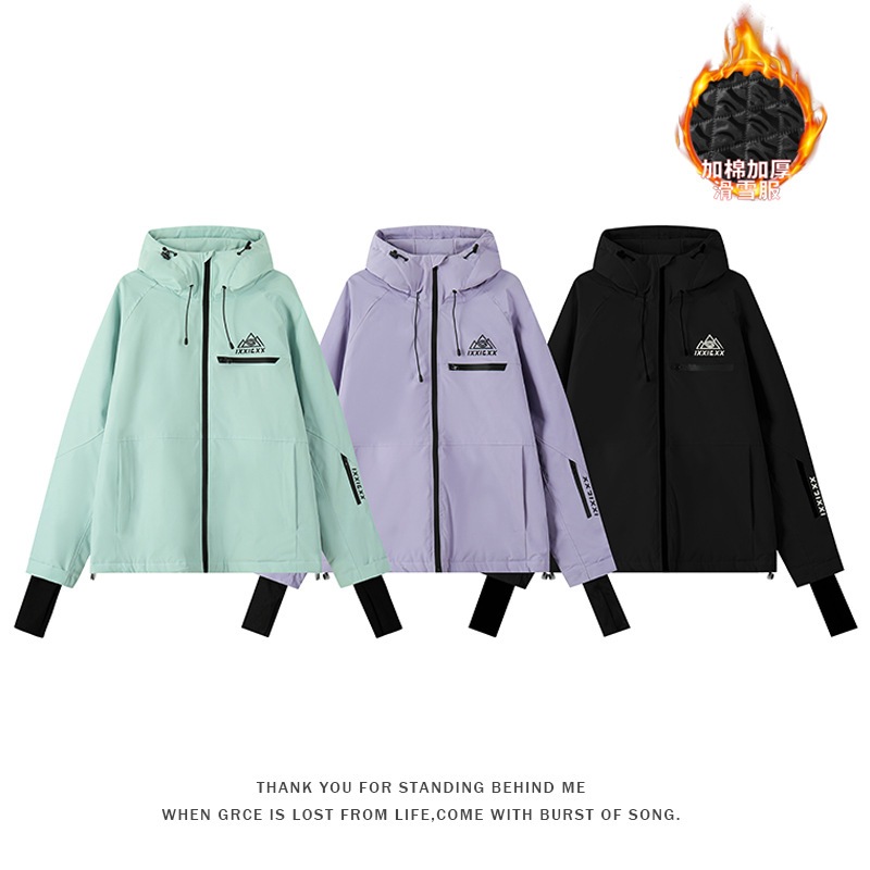 防水防風スキーウェアカップルプラス綿厚手スキーウェアフード付き雪スカート