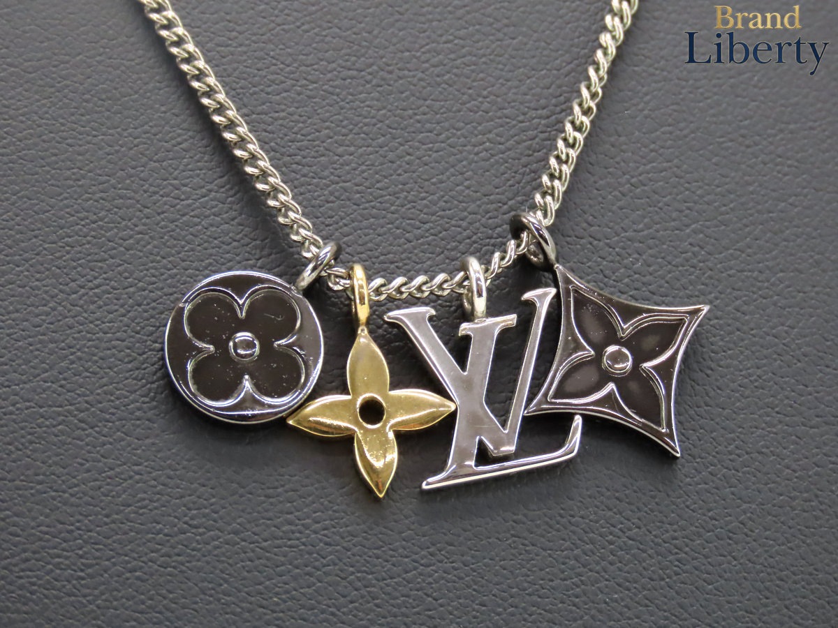 美品ルイヴィトンLOUISVUITTONペンダントLVインスティンクトネックレスシルバーガンメタリックシルバーゴールドM00521