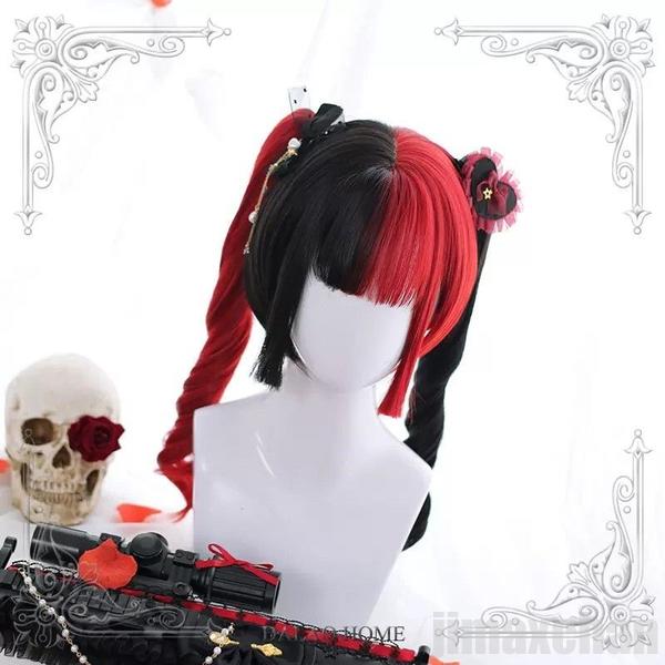レア商品レッドブラック ツートン フルウィッグ 自然 軽量 ミックス 小顔効果 ナチュラル 調整可能 サラツヤ 姫カット かわいい 綺麗 髪 ストレート 原宿系 ハロウィン コスプレ