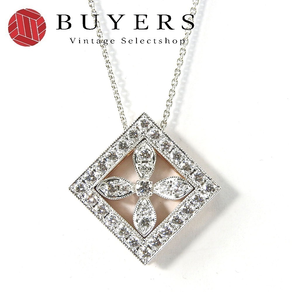 中古 ネックレス K18WG K18PG 約11.5g ホワイトゴールド ピンクゴールド ダイヤモンド スクエア フラワーモチーフ レディース 女性